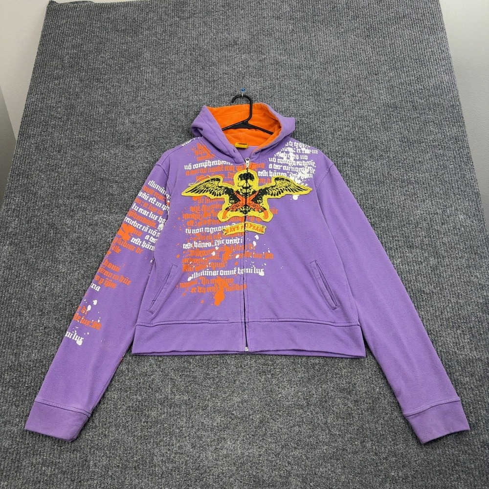Raw Blue Full Zip Hoodie Kids 3XL Purple‎ Winged Skull Gothic Y2K Streetwear